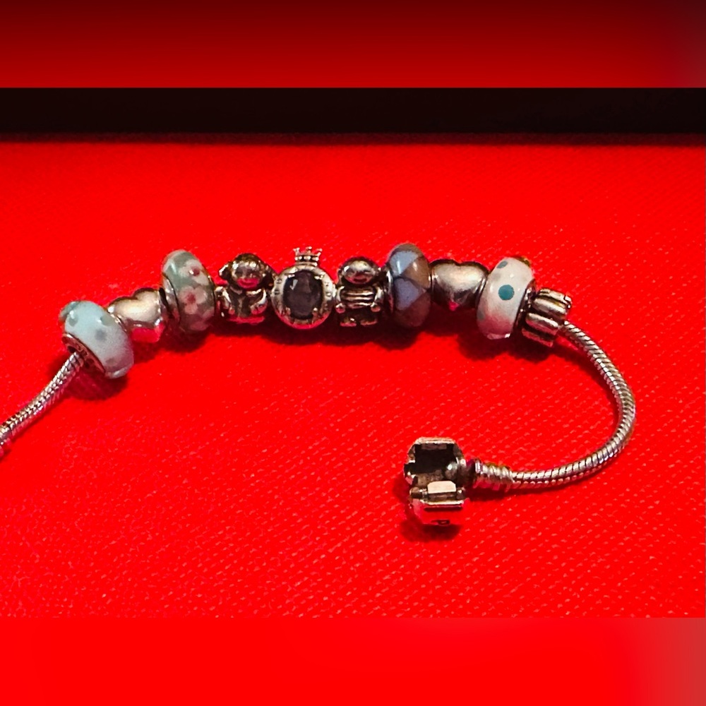 Authentic Pandora Silver and Blue Charm Bracelet with 10 charms - Picture 2 of 5
